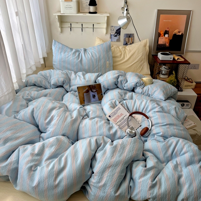 阿曼达 2026春夏新款简约美式条纹混搭四件套 美式休闲-奶蓝条