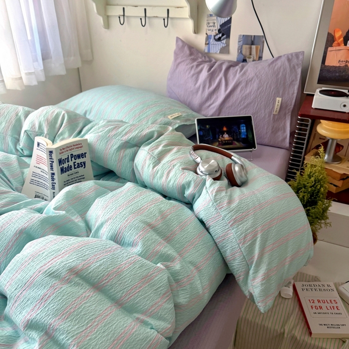 91家纺网 家纺一手货源 找家纺 阿曼达 2026春夏新款简约美式条纹混搭四件套 美式休闲-浅绿条