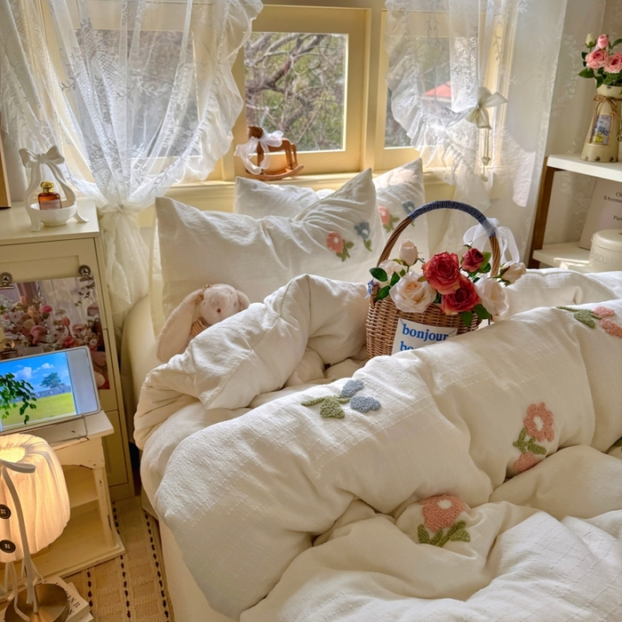 91家纺网 家纺一手货源 找家纺 阿曼达 2026春夏新款简约素色毛巾绣亚麻风纯色四件套 法式麻-棉朵