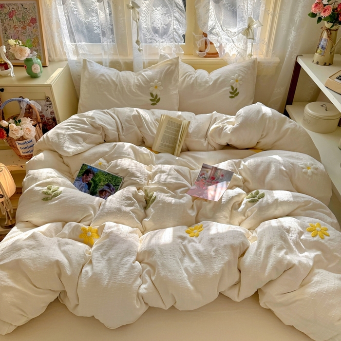 91家纺网 家纺一手货源 找家纺 （总）阿曼达 2026春夏新款简约素色毛巾绣亚麻风纯色四件套