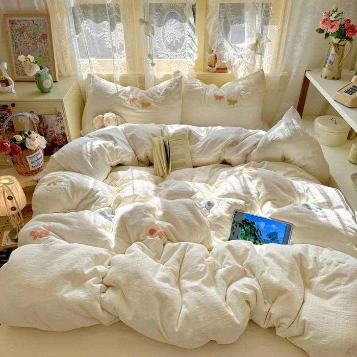 91家纺网 家纺一手货源 找家纺 （总）阿曼达 2026春夏新款简约素色毛巾绣亚麻风纯色四件套