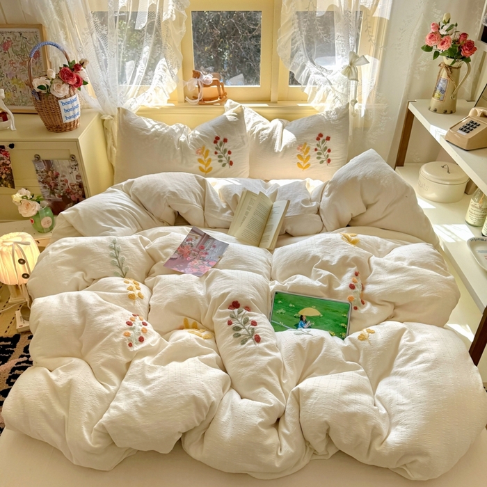 91家纺网 家纺一手货源 找家纺 （总）阿曼达 2026春夏新款简约素色毛巾绣亚麻风纯色四件套