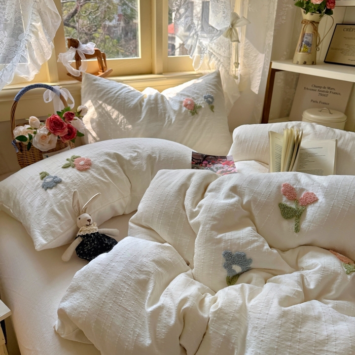 91家纺网 家纺一手货源 找家纺 阿曼达 2026春夏新款简约素色毛巾绣亚麻风纯色四件套 法式麻-棉朵