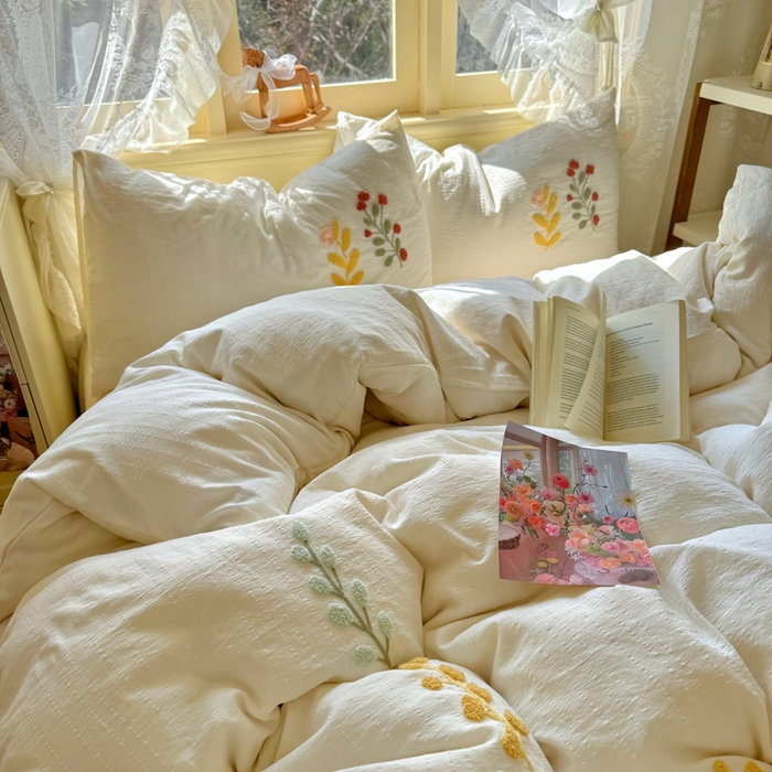 91家纺网 家纺一手货源 找家纺 阿曼达 2026春夏新款简约素色毛巾绣亚麻风纯色四件套 法式麻-绣枝