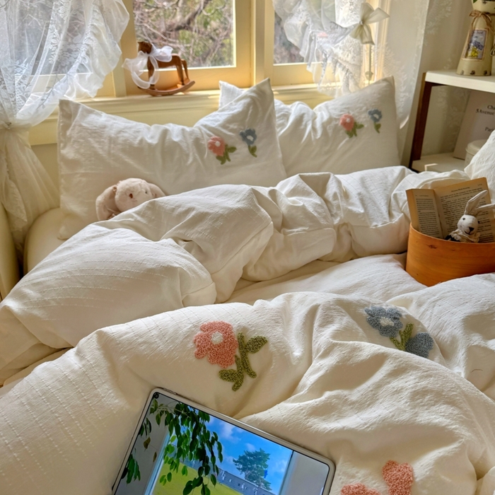 91家纺网 家纺一手货源 找家纺 阿曼达 2026春夏新款简约素色毛巾绣亚麻风纯色四件套 法式麻-棉朵