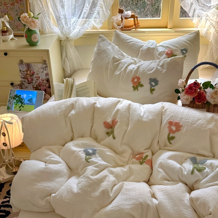 91家纺网 家纺一手货源 找家纺 阿曼达 2026春夏新款简约素色毛巾绣亚麻风纯色四件套 法式麻-棉朵