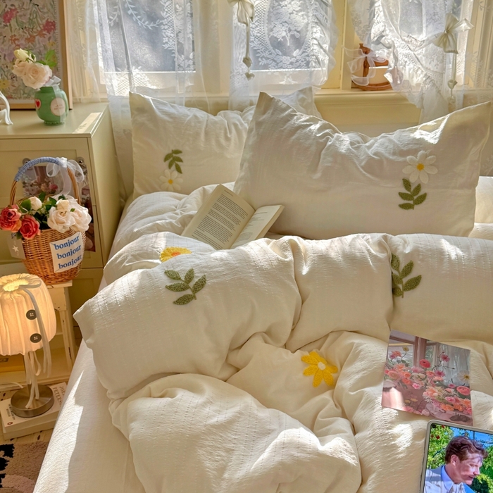 91家纺网 家纺一手货源 找家纺 阿曼达 2026春夏新款简约素色毛巾绣亚麻风纯色四件套 法式麻-小雏菊