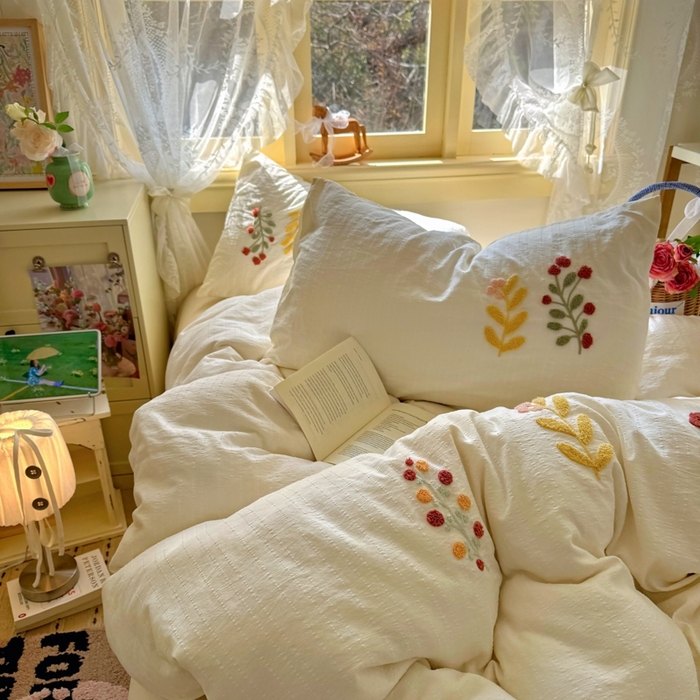 91家纺网 家纺一手货源 找家纺 阿曼达 2026春夏新款简约素色毛巾绣亚麻风纯色四件套 法式麻-绣枝