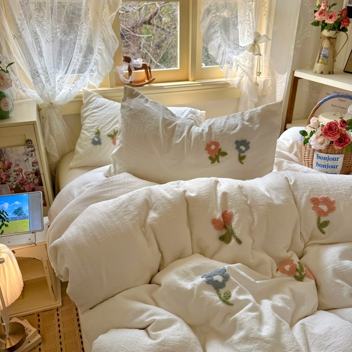 91家纺网 家纺一手货源 找家纺 阿曼达 2026春夏新款简约素色毛巾绣亚麻风纯色四件套 法式麻-棉朵