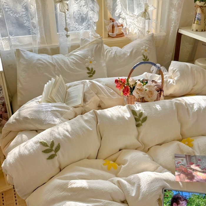 91家纺网 家纺一手货源 找家纺 阿曼达 2026春夏新款简约素色毛巾绣亚麻风纯色四件套 法式麻-小雏菊