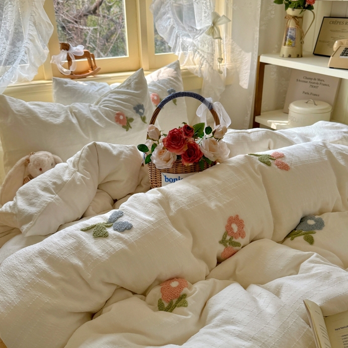 91家纺网 家纺一手货源 找家纺 阿曼达 2026春夏新款简约素色毛巾绣亚麻风纯色四件套 法式麻-棉朵