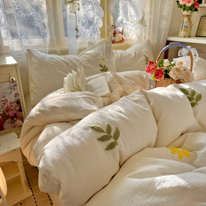 91家纺网 家纺一手货源 找家纺 阿曼达 2026春夏新款简约素色毛巾绣亚麻风纯色四件套 法式麻-小雏菊