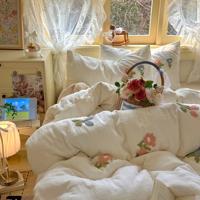 91家纺网 家纺一手货源 找家纺 阿曼达 2026春夏新款简约素色毛巾绣亚麻风纯色四件套 法式麻-棉朵