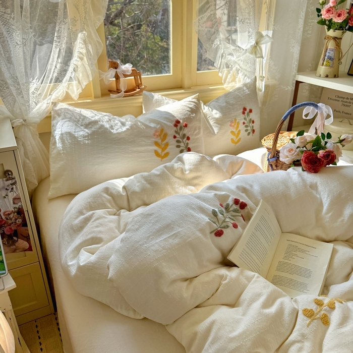 91家纺网 家纺一手货源 找家纺 阿曼达 2026春夏新款简约素色毛巾绣亚麻风纯色四件套 法式麻-绣枝