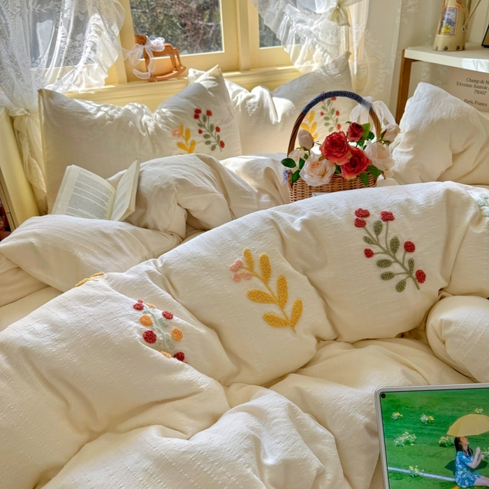 91家纺网 家纺一手货源 找家纺 阿曼达 2026春夏新款简约素色毛巾绣亚麻风纯色四件套 法式麻-绣枝