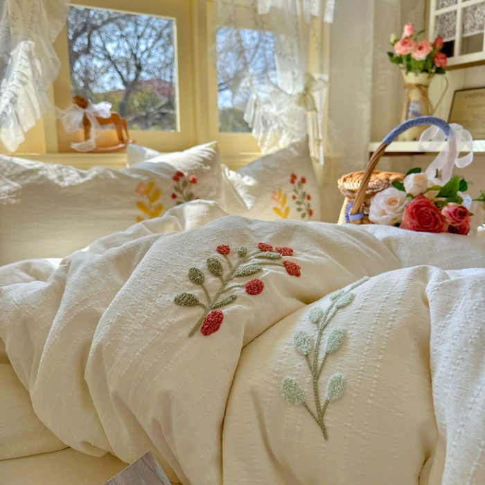 91家纺网 家纺一手货源 找家纺 阿曼达 2026春夏新款简约素色毛巾绣亚麻风纯色四件套 法式麻-绣枝