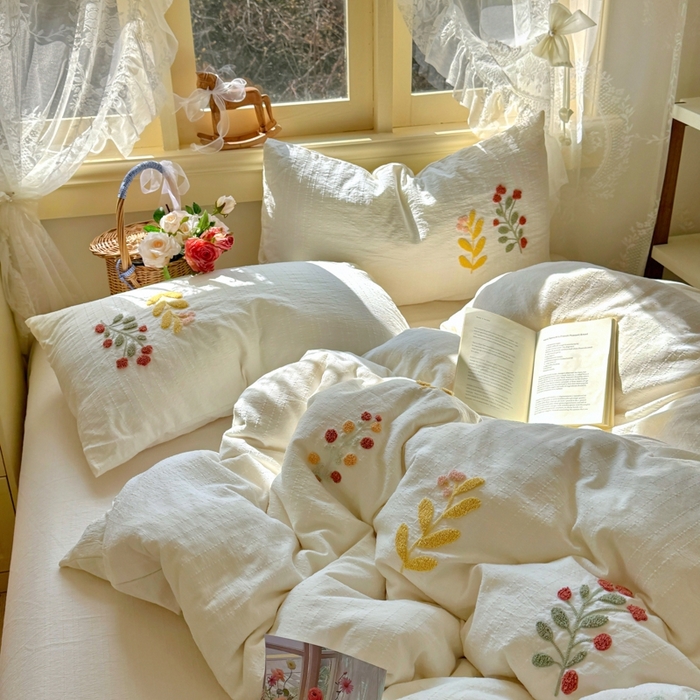 91家纺网 家纺一手货源 找家纺 阿曼达 2026春夏新款简约素色毛巾绣亚麻风纯色四件套 法式麻-绣枝