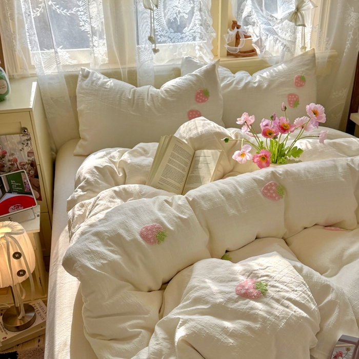 91家纺网 家纺一手货源 找家纺 阿曼达 2026春夏新款简约素色毛巾绣亚麻风纯色四件套 法式麻-粉莓果