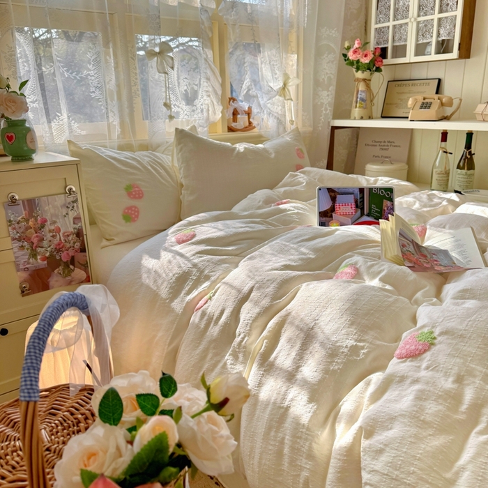 91家纺网 家纺一手货源 找家纺 阿曼达 2026春夏新款简约素色毛巾绣亚麻风纯色四件套 法式麻-粉莓果