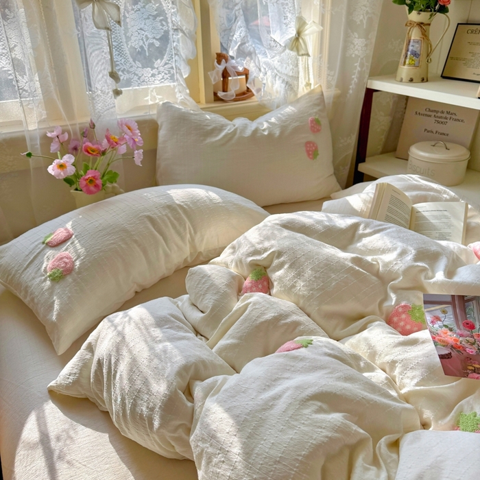 91家纺网 家纺一手货源 找家纺 阿曼达 2026春夏新款简约素色毛巾绣亚麻风纯色四件套 法式麻-粉莓果