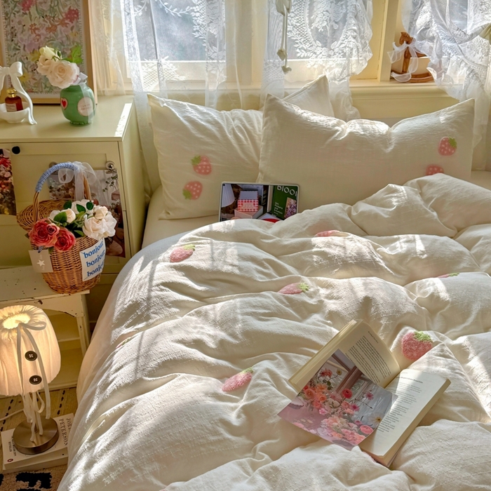 91家纺网 家纺一手货源 找家纺 阿曼达 2026春夏新款简约素色毛巾绣亚麻风纯色四件套 法式麻-粉莓果