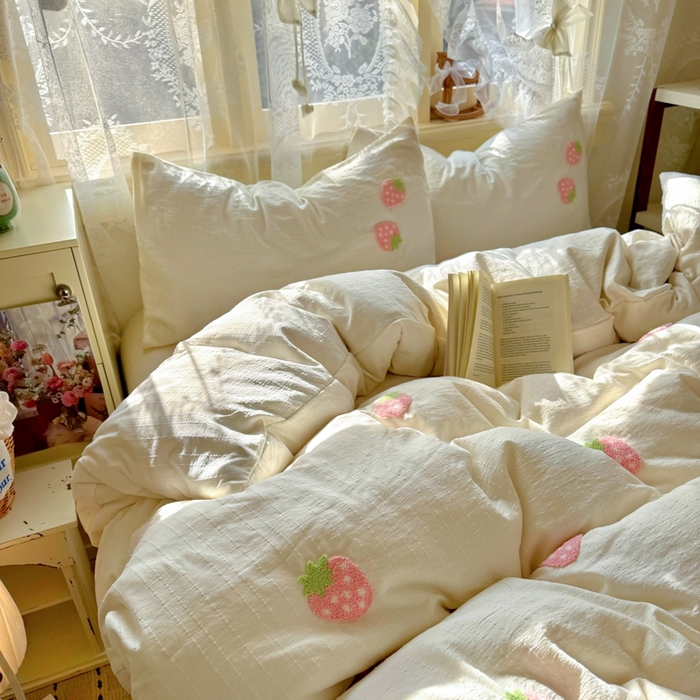 91家纺网 家纺一手货源 找家纺 阿曼达 2026春夏新款简约素色毛巾绣亚麻风纯色四件套 法式麻-粉莓果