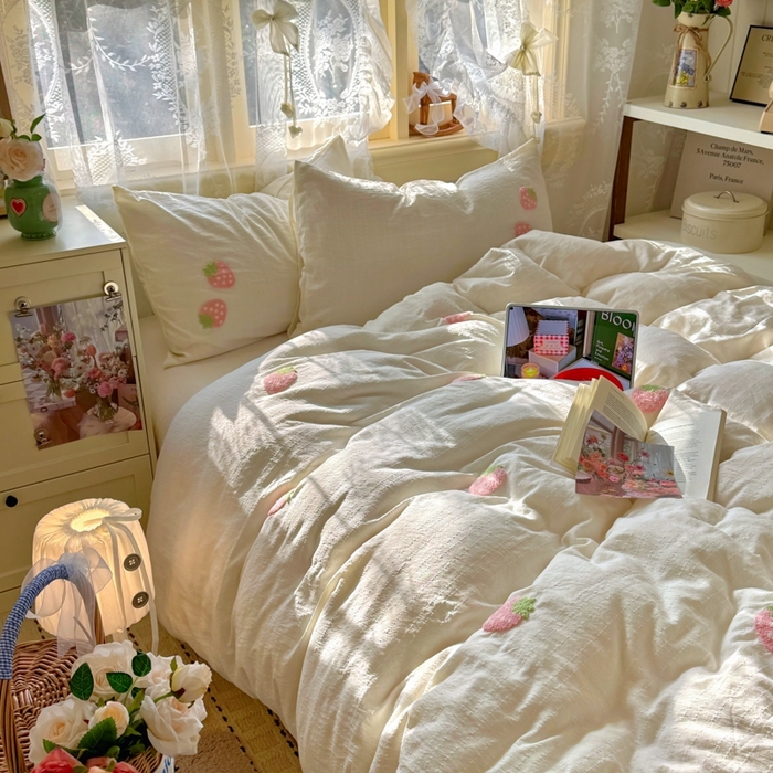 91家纺网 家纺一手货源 找家纺 阿曼达 2026春夏新款简约素色毛巾绣亚麻风纯色四件套 法式麻-粉莓果