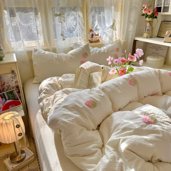 91家纺网 家纺一手货源 找家纺 阿曼达 2026春夏新款简约素色毛巾绣亚麻风纯色四件套 法式麻-粉莓果