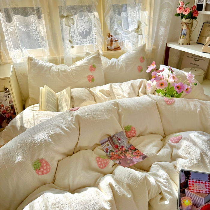 91家纺网 家纺一手货源 找家纺 阿曼达 2026春夏新款简约素色毛巾绣亚麻风纯色四件套 法式麻-粉莓果