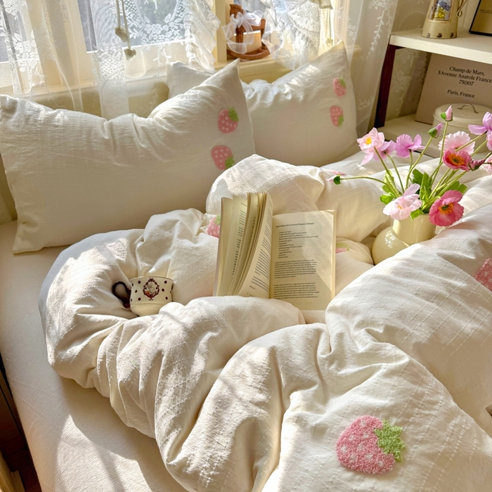 91家纺网 家纺一手货源 找家纺 阿曼达 2026春夏新款简约素色毛巾绣亚麻风纯色四件套 法式麻-粉莓果