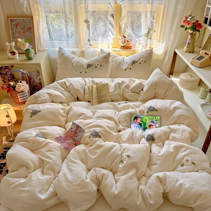 阿曼达 2026春夏新款简约素色毛巾绣亚麻风纯色四件套 法式麻-小花绣