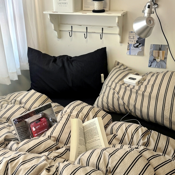 91家纺网 家纺一手货源 找家纺 阿曼达 2026春夏新款简约美式条纹混搭四件套 美式休闲-杏色条