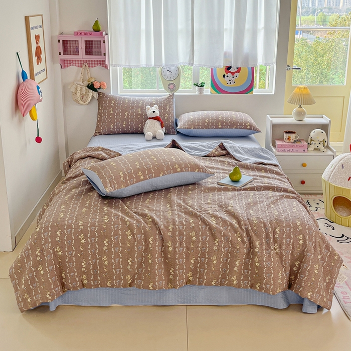 91家纺网 家纺一手货源 找家纺 利禾家纺 2026春夏新款泡芙纱简约四件套夏被四件套夏凉被空调被 情人节咖-简约