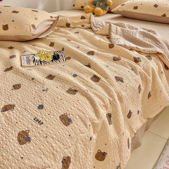 91家纺网 家纺一手货源 找家纺 利禾家纺 2026春夏新款泡芙纱简约四件套夏被四件套夏凉被空调被 曲奇猫-简约