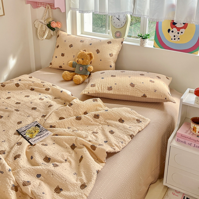 91家纺网 家纺一手货源 找家纺 利禾家纺 2026春夏新款泡芙纱简约四件套夏被四件套夏凉被空调被 曲奇猫-简约