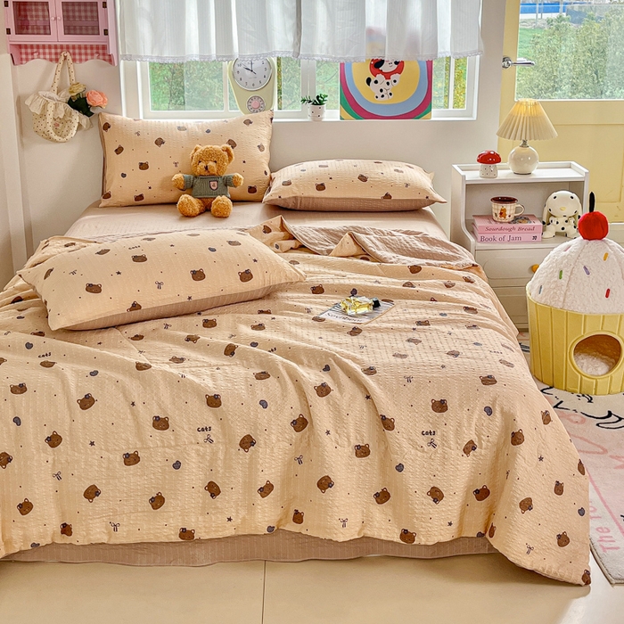 91家纺网 家纺一手货源 找家纺 利禾家纺 2026春夏新款泡芙纱简约四件套夏被四件套夏凉被空调被 曲奇猫-简约