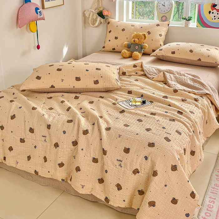 91家纺网 家纺一手货源 找家纺 利禾家纺 2026春夏新款泡芙纱简约四件套夏被四件套夏凉被空调被 曲奇猫-简约