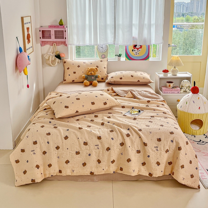 91家纺网 家纺一手货源 找家纺 利禾家纺 2026春夏新款泡芙纱简约四件套夏被四件套夏凉被空调被 曲奇猫-简约