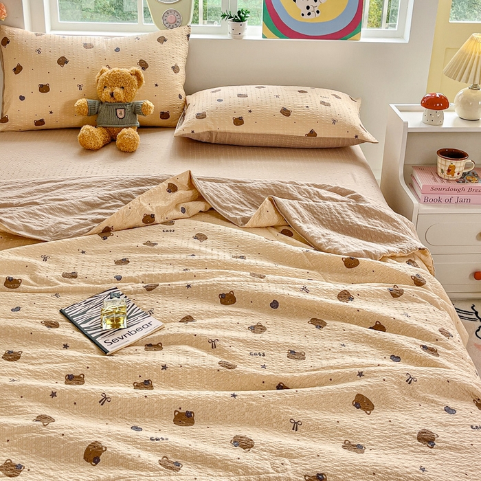 91家纺网 家纺一手货源 找家纺 利禾家纺 2026春夏新款泡芙纱简约四件套夏被四件套夏凉被空调被 曲奇猫-简约