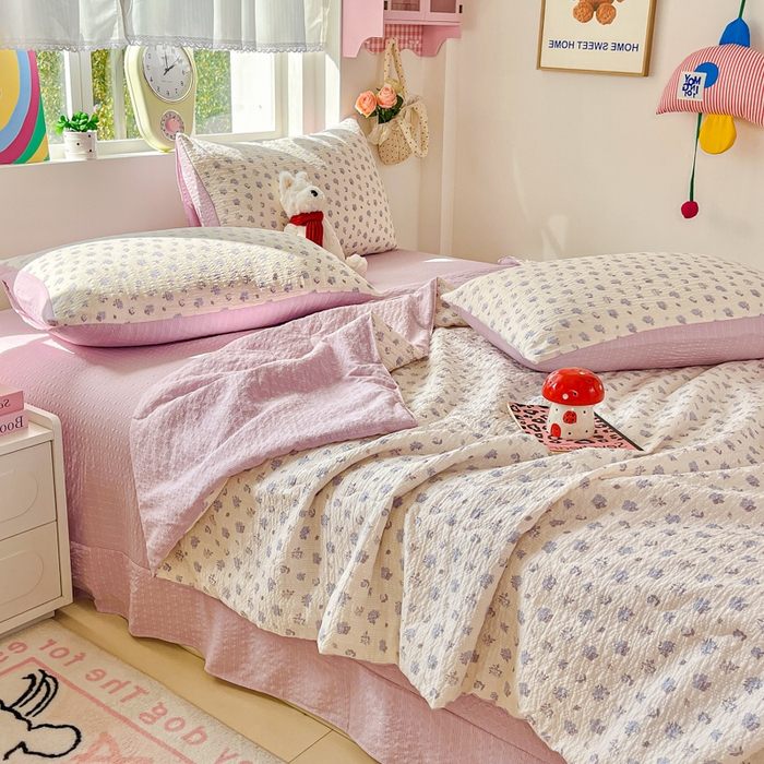 91家纺网 家纺一手货源 找家纺 利禾家纺 2026春夏新款泡芙纱简约四件套夏被四件套夏凉被空调被 香雪-简约