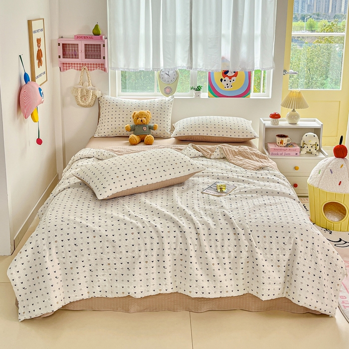 91家纺网 家纺一手货源 找家纺 利禾家纺 2026春夏新款泡芙纱简约四件套夏被四件套夏凉被空调被 心心相印-简约