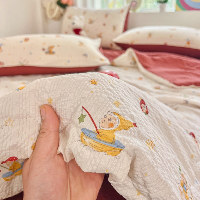 91家纺网 家纺一手货源 找家纺 利禾家纺 2026春夏新款泡芙纱简约四件套夏被四件套夏凉被空调被 星星人-简约