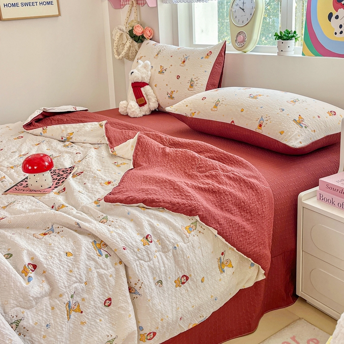 91家纺网 家纺一手货源 找家纺 利禾家纺 2026春夏新款泡芙纱简约四件套夏被四件套夏凉被空调被 星星人-简约