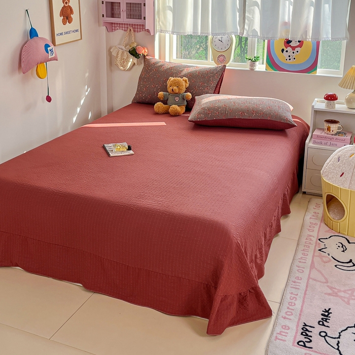 利禾家纺 2026春夏新款泡芙纱简约四件套夏被四件套夏凉被空调被 胭脂-简约