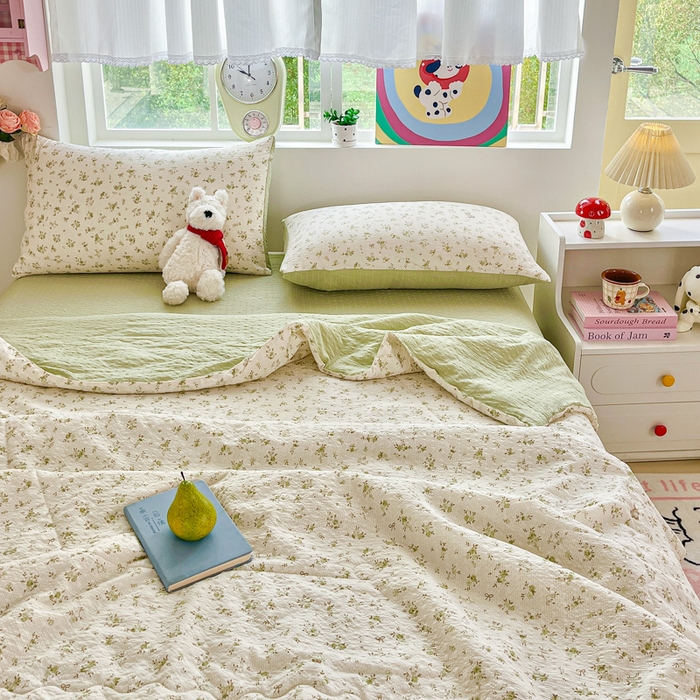 91家纺网 家纺一手货源 找家纺 利禾家纺 2026春夏新款泡芙纱简约四件套夏被四件套夏凉被空调被 叶初开-简约