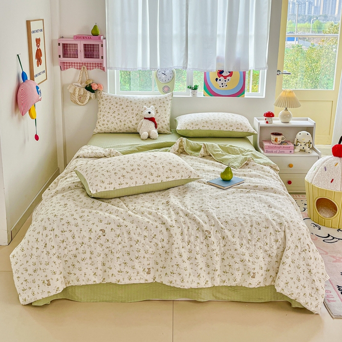 91家纺网 家纺一手货源 找家纺 利禾家纺 2026春夏新款泡芙纱简约四件套夏被四件套夏凉被空调被 叶初开-简约