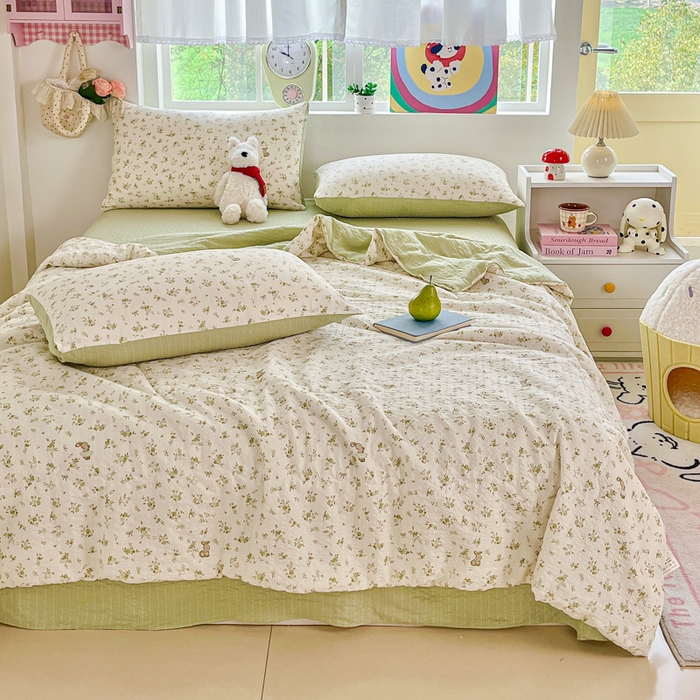 91家纺网 家纺一手货源 找家纺 利禾家纺 2026春夏新款泡芙纱简约四件套夏被四件套夏凉被空调被 叶初开-简约