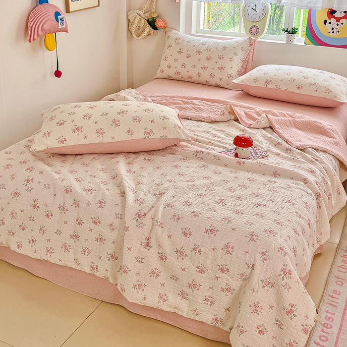 91家纺网 家纺一手货源 找家纺 利禾家纺 2026春夏新款泡芙纱简约四件套夏被四件套夏凉被空调被 月光-简约