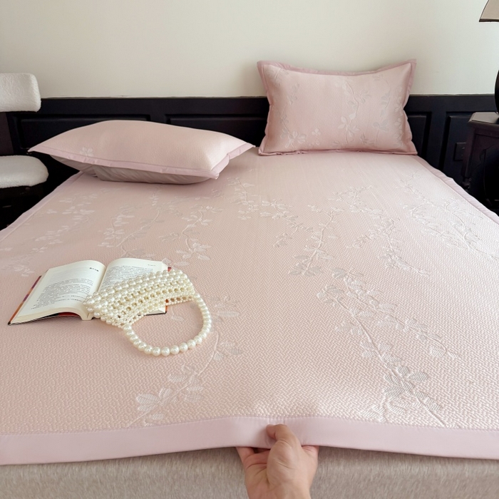 吾欢心 2026新款高端复合三明治PE乙纶双面提花高克重凉席三件套浅夏系列 PE浅夏粉-床席款