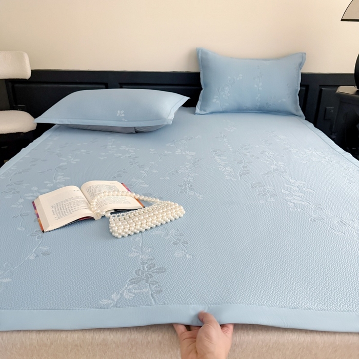 吾欢心 2026新款高端复合三明治PE乙纶双面提花高克重凉席三件套浅夏系列 PE浅夏蓝-床席款